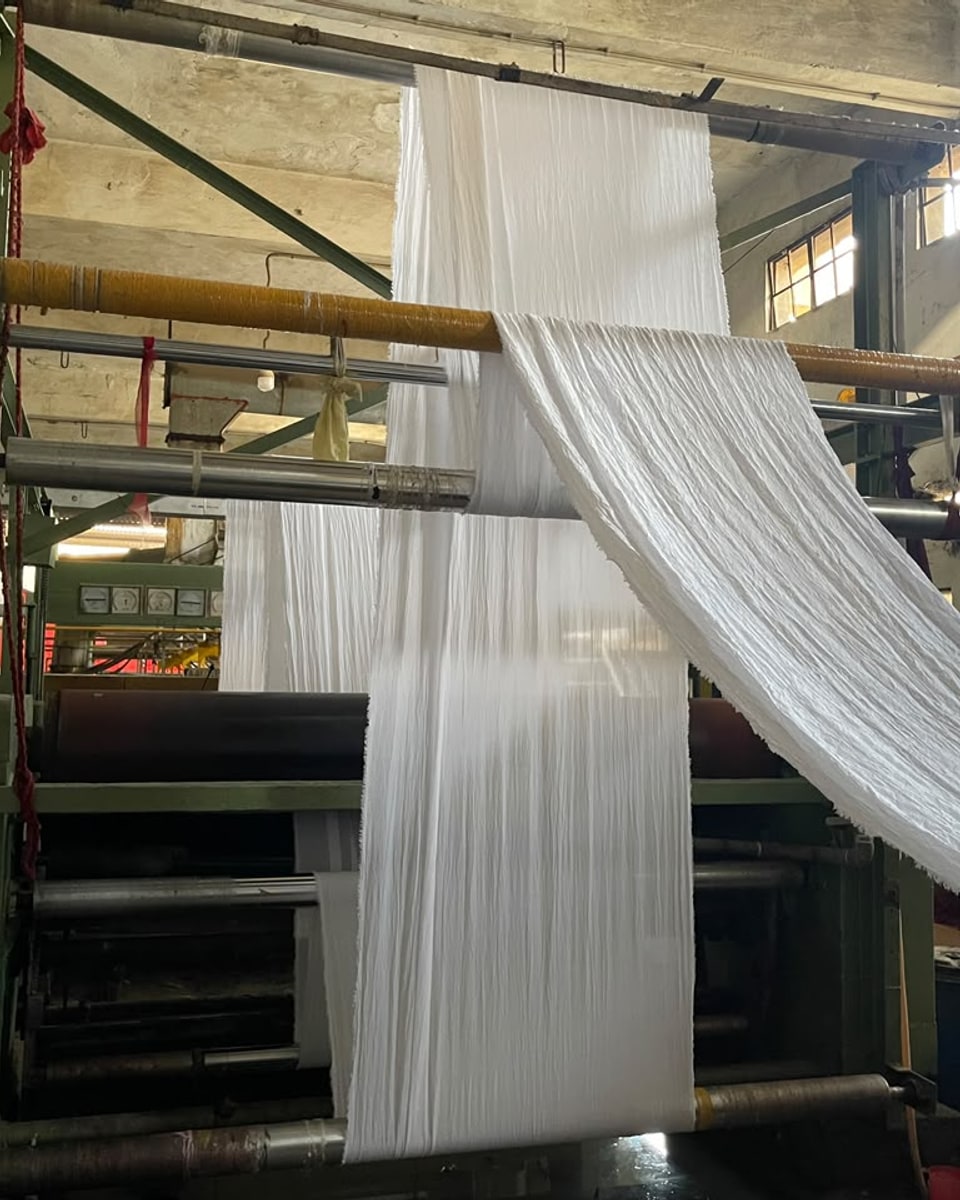 White fabric passing through rollers in the preparation line.